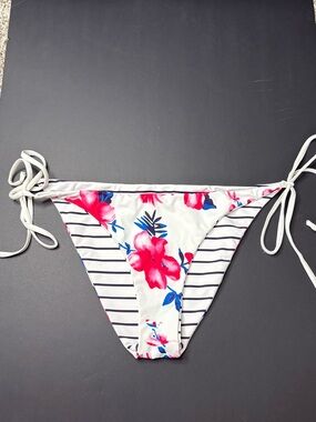 Tie-Side Floral & Stripe Bikini Bottom - White with Pink Floral
